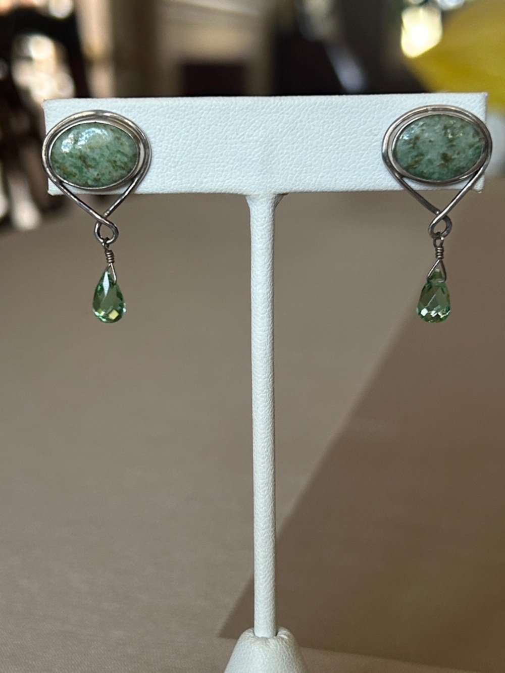 Artisan Green Agate and Crystal Sterling Post Drop Earrings